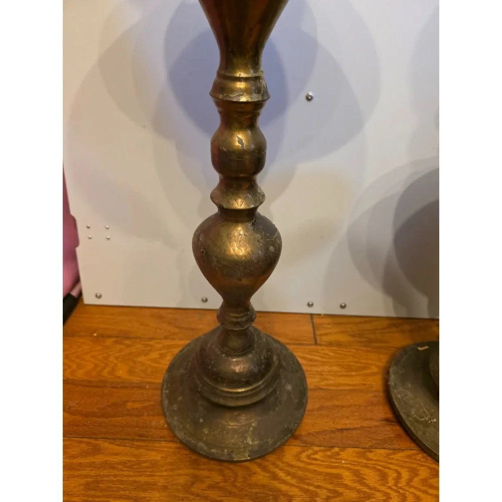 Moroccan Etched Brass Pillar Floor Altar Candlesticks Candle Holders Set Vintage